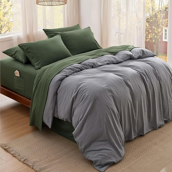 Bedsure Deep Pocket Queen Sheets - 6 Piece, Prewashed Ultra-Soft Queen Sheet Set, Fits Mattresses Up to 18 Inches Thick, Breathable & Secure Fit, Hotel Luxury Bedding, Olive Green