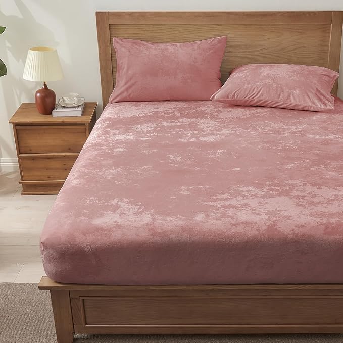 BEDELITE Velvet Fitted Sheet and Pillowcase Set, Luxury Soft Fuzzy Bottom Sheet with Reinforced Elastic Corner Straps, Deep Pocket up to 15 Inch, 1 Fitted Sheet and 1 Pillowcase (Twin, Dusty Pink)