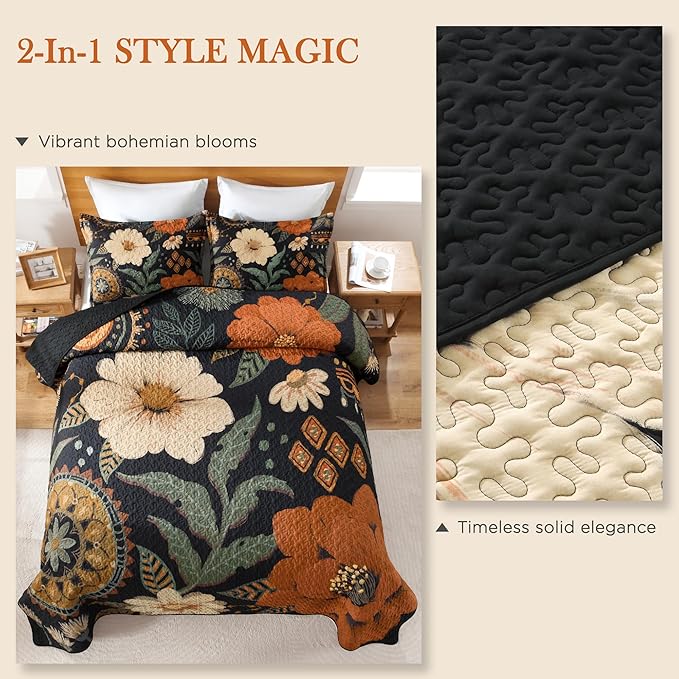 Andency Floral Boho Queen Quilt Bedding Set Brown Black, 3 Pieces Farmhouse Flower Botanical Summer Bedspreads with 2 Shams, Soft Reversible Lightweight Microfiber Coverlet Set for All Season, 90"x96"