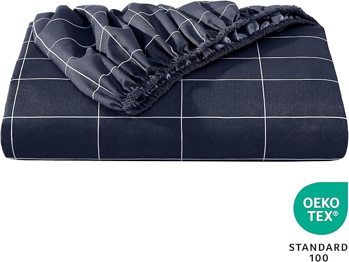 Bare Home Fitted Bottom Sheet Twin Size - Premium 1800 Microfiber - Ultra-Soft Hotel Luxury - Deep Pocket - Durable and Long Lasting (Twin, Grid - Midnight Blue/White)