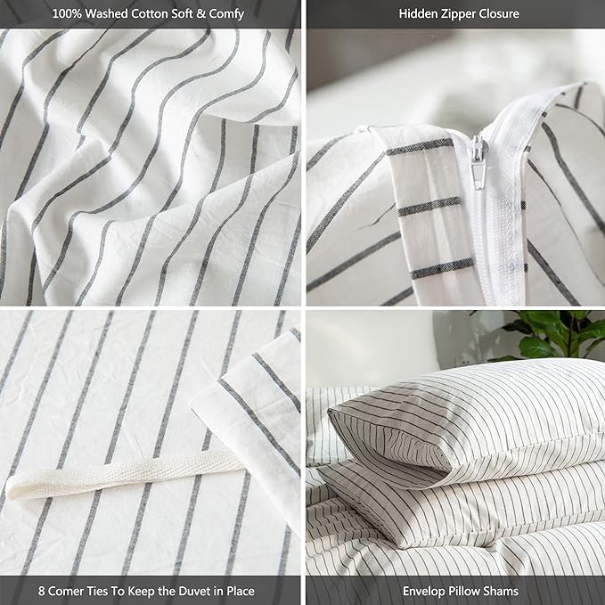 MooMee Striped Duvet Cover Set 100% Washed Cotton Linen Like Textured Breathable Durable Soft Comfy (White Dark Grey Wide Stripes, Full 80"x90")
