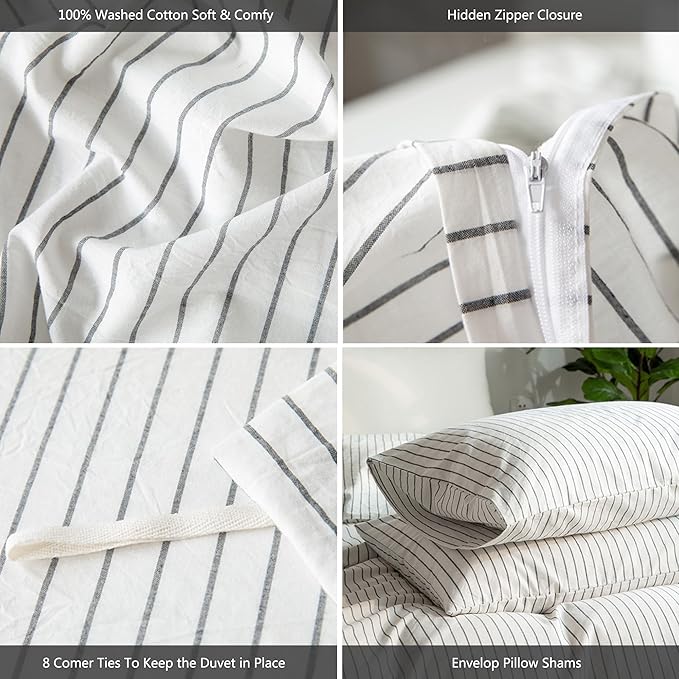 MooMee Striped Duvet Cover Set 100% Washed Cotton Linen Like Textured Breathable Durable Soft Comfy (White Dark Grey Wide Stripes, Cal King 104"x98")