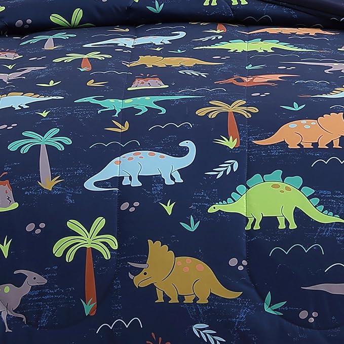 Twin Comforter Set for Boys-3 Pieces Navy Dinosaur Twin XL Bedding Set with 1 Comforter, 1 Decor Pillow, 1 Pillow Sham