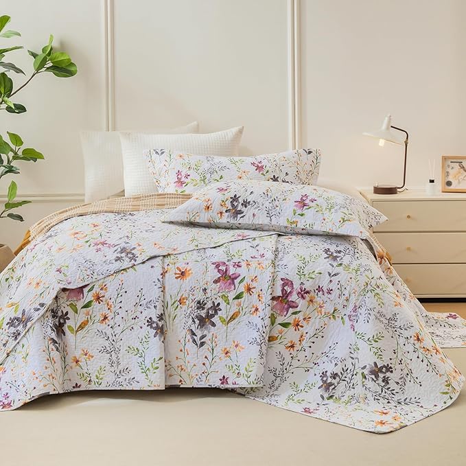 QSH 100% Cotton Quilt Oversized King Set (118"x106")-3Pcs Floral Bed Quilt California King Summer Spring Botanical Yellow Wild Flower Printed Bedspread Coverlet Soft Lightweight Bedding Quilt Set