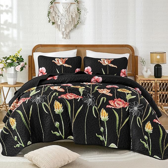 WONGS BEDDING Floral Quilt Set Queen Size, Colorful Black Red Quilt Set with 2 Pillowcase, Lightweight Spring Summer Farmhouse Coverlet Set for All Season (96"x90")