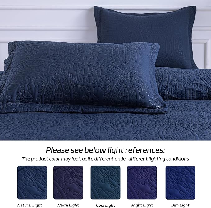 SheRest Queen Quilt Bedding Set - Soft Breathable Bed Quilts, Modern Style Embossed Bedspreads, Lightweight Microfiber Reversible Coverlet for All Seasons, Navy Blue, 3 pieces (1 Quilt,2 Pillow Shams)