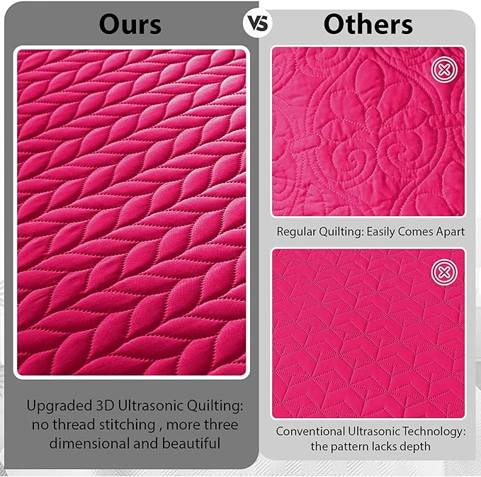 MOONLIGHT20015 Quilt Queen Size (90" x 96") with 2 Pillow Shams (20" x 26"+2") for Summer - 3 Pcs Lightweight Bedding Set Reversible Coverlet Embossed Quilted Bedspread (Pink)