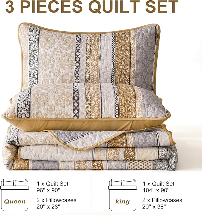 WONGS BEDDING Boho Quilt Set Queen Size, Brown Bohemian 3 Pieces Fall Quilt Sets, Lightweight Bedspread Coverlet Bedding Set for All Season (96"x90")