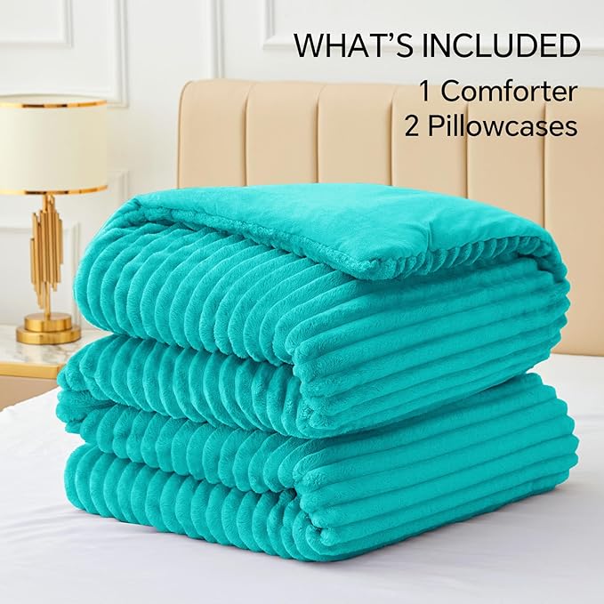 BEDELITE Fleece Queen Comforter Set -Super Soft & Warm Fluffy Teal Bedding, Luxury Fuzzy Heavy Bed Set for Winter with 2 Pillow Cases