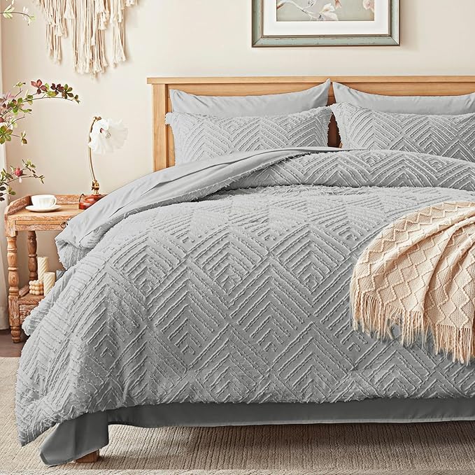 Zzlpp Twin Comforter Set 5 Pieces, Light Grey Tufted Bed in a Bag with Comforter and Sheets, All Season Boho Bedding Sets with 1 Comforter, 1 Pillow Sham, 1 Pillowcase, 1 Flat Sheet, 1 Fitted Sheet