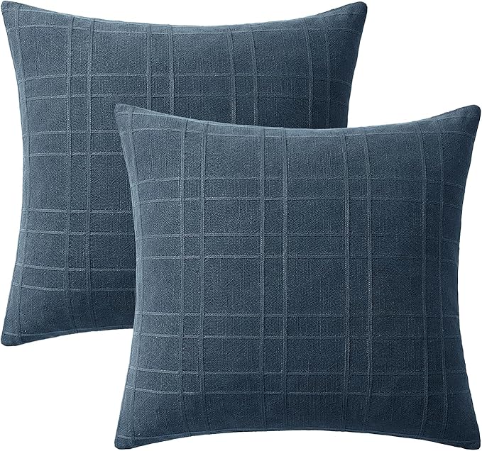 MIULEE Decorative Linen Check Euro Shams Throw Pillow Covers Neutral Farmhouse Vintage Pillow Covers 24x24 Set of 2 Boho Modern Home Decor for Sofa Couch Bedroom Cushion Deep Blue
