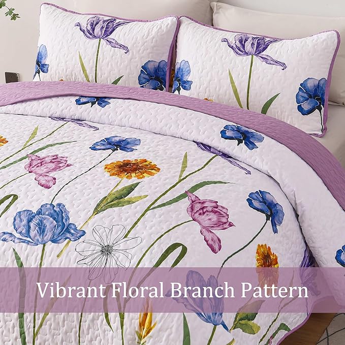 WONGS BEDDING Purple Quilt Set Queen Size,Floral Printed Bedspread Coverlet Bedding Set,3 Pieces Lightweight Farmhouse Spring Botanical Quilts Set (96"x90")