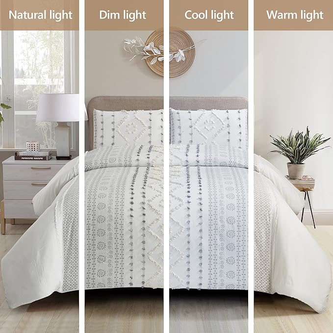 Style Quarters 2pcs Twin Duvet Cover Set Creamy Boho Tufted Duvet Cover Set Polycotton Bedding Set for Dormitory with Clipped Jacquard Stripe Twin Size Comforter Cover Sets