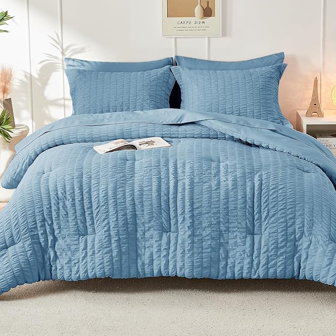 HYMOKEGE Mineral Blue Queen Comforter Set Seersucker 7 Pieces, All Season Luxury Bed in a Bag Queen for Bedroom, Bedding Set with Comforter, Sheets, Pillowcases & Shams
