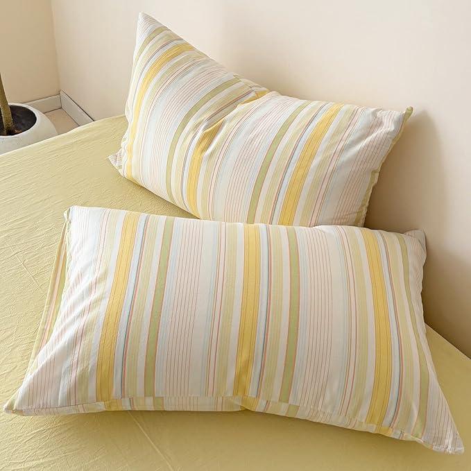 VM VOUGEMARKET 3 Pieces Striped Duvet Cover Set King 100% Washed Cotton Linen Like Textured Breathable Durable Soft Comfy Bedding Set (Yellow Stripes, King 104"x90")