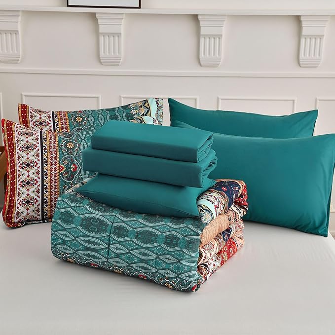 Boho Comforter Set California King Size 8 Pieces,Green and Brown Bohemian Striped Bed in a Bag,Floral Soft Microfiber Bedding Comforter Set for All Seasons
