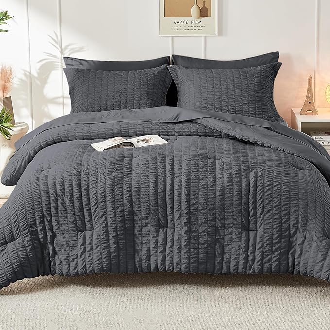 HYMOKEGE Twin Comforter Set Seersucker 5 Pieces, All Season Luxury Bed in a Bag for Bedroom, Bedding Set with Comforters, Sheets, Pillowcase & Sham, Dark Grey