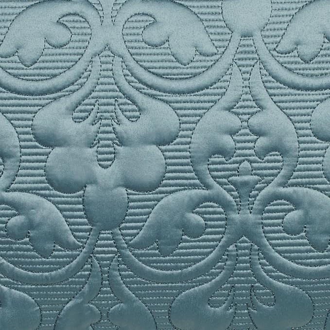 Cambridge Classic Luxury Bedding | Blue Shadow Solid Color Polyester Satin | Elaborate Damask Quilting | 5 Pc Bed Set: Twin Bedspread, Standard Sham, & 3 Decorative Pillows | Also Fits Twin XL Beds