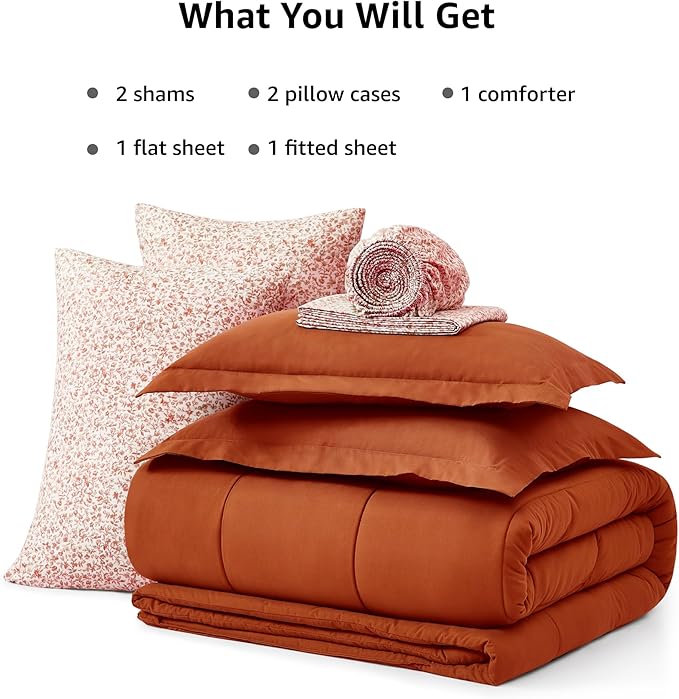 Monbix Full Comforter Set - 7 Pieces Burnt Orange Bed in a Bag Full Size Track Stitching Bedding Sets, All Seasons Comforter with Sheets, Pillowcases & Shams