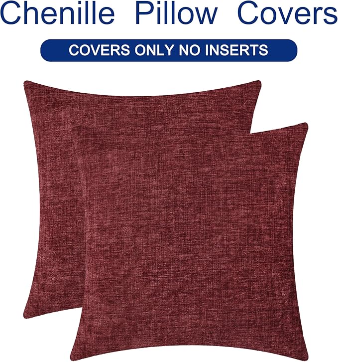 CaliTime Christmas Throw Pillow Covers Decorative 22 X 22 Inches Pack of 2 Cozy Chenille Cushion Cases for Couch Sofa Bed Living Room Home Burgundy