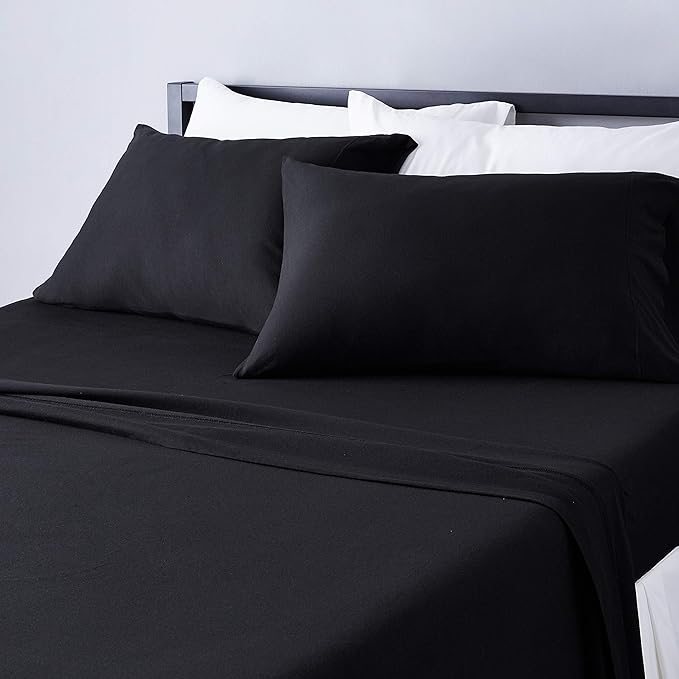 Amazon Basics 4 Piece Breathable Cotton Jersey Bed Sheet Set, Stretchy Flat and Fitted Sheets with Pillowcase, Queen, Black, Solid