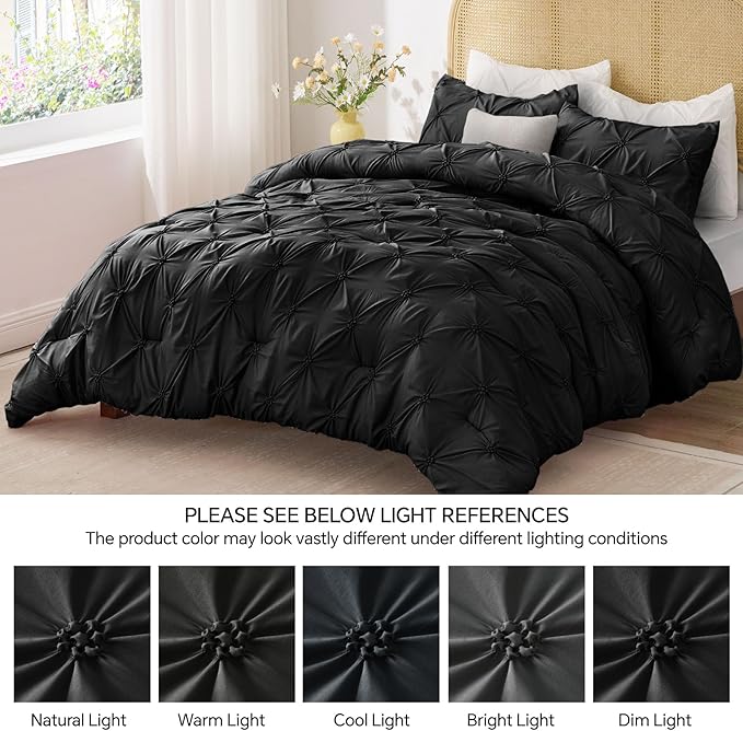 BEDELITE Black King Size Comforter Set - 3 Pieces Boho Pintuck Bedding Comforter Sets, Lightweight Soft & Warm King Bedding Set with 2 Pillowcases for All Season