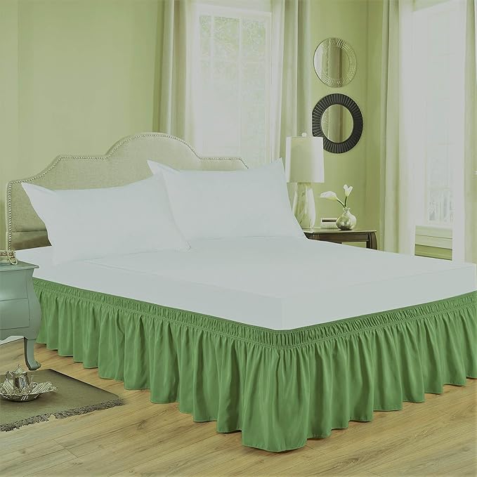 Bed Skirt - Wrap Around Bed Skirts Elastic Dust Ruffles, Easy Fit Wrinkle and Fade Resistant Luxurious Fabric Solid Color, Sage RV King Size Beds 15 Inch Drop
