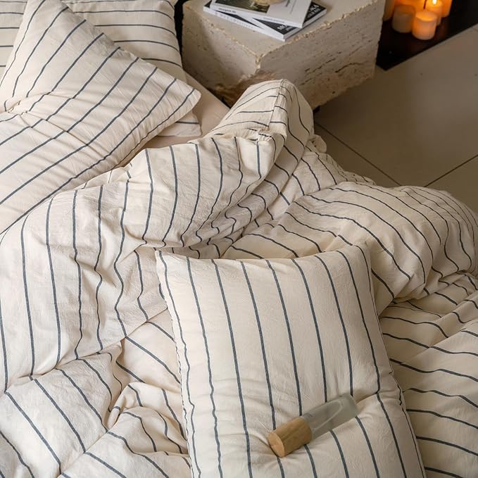 Striped Comforter Set Twin XL Size Grey Stripes Pattern Printed Comforter 3 Pieces Lightweight Boho Bedding Comforter Set for All Seasons Breathable Soft Fluffy Beige Comforter with 2 Pillowcases