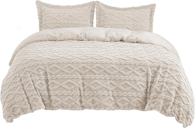 Bedsure Fluffy Flannel Duvet Cover Set - Faux Fur Comforter Cover Queen Size, Warm Plush Bedding for Winter, 3-Piece Set with Zipper Closure (90"x90") and 2 Pillow Shams, Linen