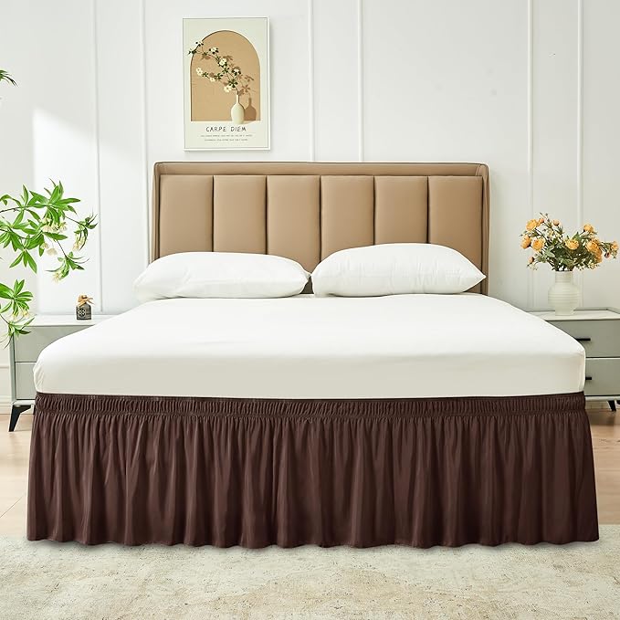 Biscaynebay Wrap Around Bed Skirts for King & Cal King Beds 17" Long Drop, Brown Adjustable Elastic Dust Ruffles Easy Fit Wrinkle & Fade Resistant Silky Luxurious Fabric Solid Machine Washable