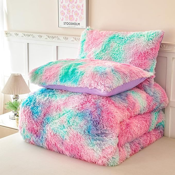 PERFEMET Pink Blue Plush Queen Bedding Sets 3 Pieces Luxury Soft Tie Dyed Fluffy Faux Fur Girls Comforter for Kids Teens Warm Cozy Velvet Fuzzy Bed Sets(Pink Blue, Queen)