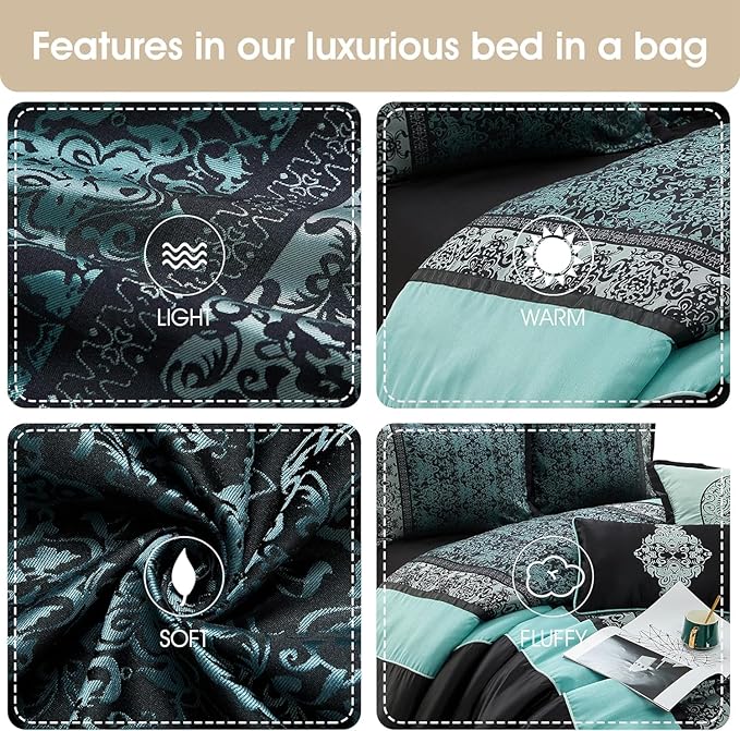 Grand Avenue Black & Teal Comforter Set King, Classic Jacquard Bedding Sets, Faux Silk, Premium Microfiber, 8 Pieces Bed in a Bag, Embroidered Pillows