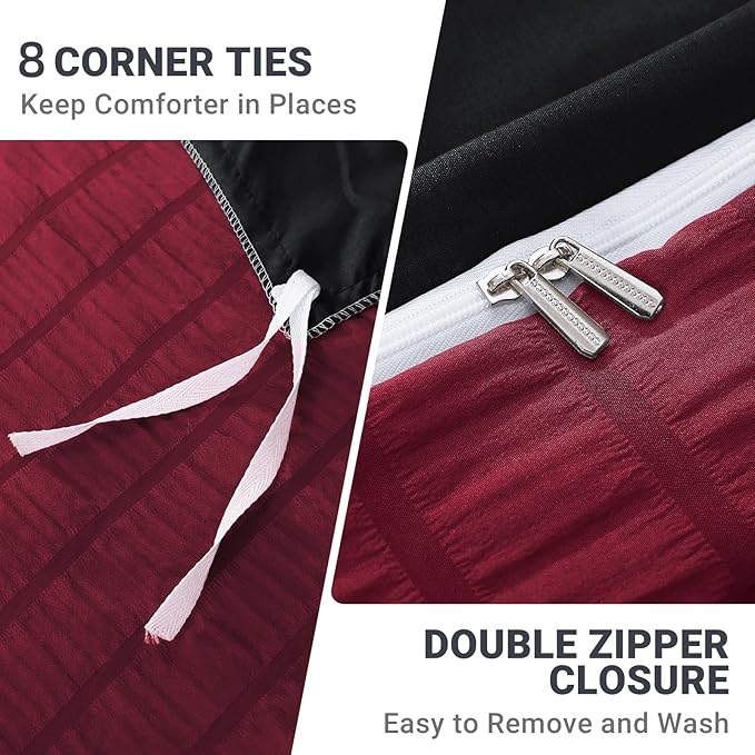 HYMOKEGE Dark Red/Black Duvet Cover Full Size, Ultra Soft 3-Piece Seersucker Duvet Cover Set with Zipper Closure, Soft Brushed Microfiber Bedding Set with 8 Corner Ties (80"x90", 2 Pillowshams)