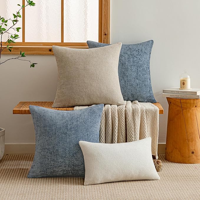 a moment Blue Chenille Throw Pillow Covers 20x20 Inch Pack of 2 Modern Decorative Throw Pillow Covers Farmhouse Cross Covers Modern Home Decor for Sofa Bedroom Living Room
