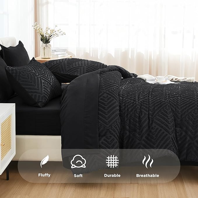 Andency Oversized King Size Comforter Set 7 Pieces Black - Bed in a Bag Oversized King Boho Lightweight Fluffy Tufted Bedding Sets with Comforter, Sheets, Pillowcases & Shams