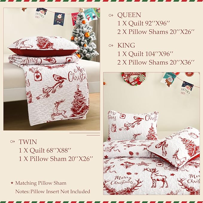 Exclusivo Mezcla Reversible Christmas Quilts King Size, Red Bedspread Lightweight Coverlet Winter Quilt Bedding Set with Printed Trees Reindeer Wreaths Pattern (1 Quilt, 2 Pillow Shams)