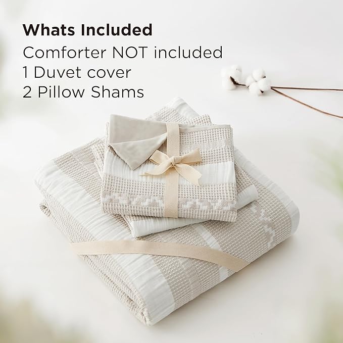 Bedsure Waffle Weave Duvet Cover Queen - 100% Cotton Boho Duvet Cover with 2 Pillowcases - Linen Color Textured Comforter Cover with Zipper Closure (Queen, 90"x90")