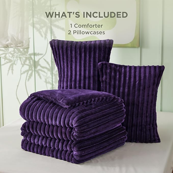 Bedsure Queen Comforter Set - GentleSoft™ 3 Pieces Fluffy Double-Side Fleece Comforter Set, Cozy Striped Room Decor Aesthetic, Luxury Purple Bedding Queen Size with 2 Pillowcases, 90x90 Inches