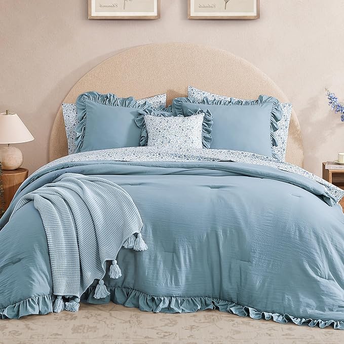 Oversized Queen Comforter Set - 7 Pieces Ruffle Blue Bedding Sets, Shabby Chic Farmhouse Bed in a Bag with Ruffle Comforter, Floral Sheets, Pillowcases & Shams