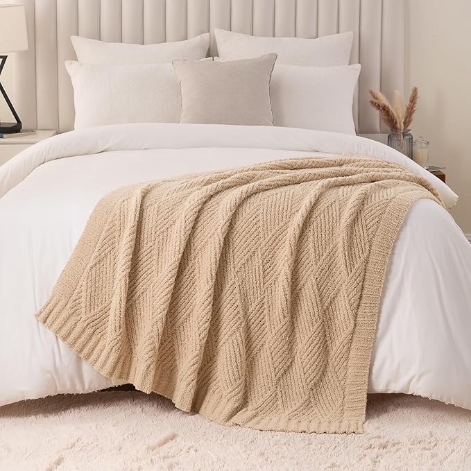 Battilo Beige Diamond Knit Throw Blanket for Couch and Bed, Soft Textured Chenille Blanket, Cozy Lightweight Decorative Blanket for Sofa, 50"x60"