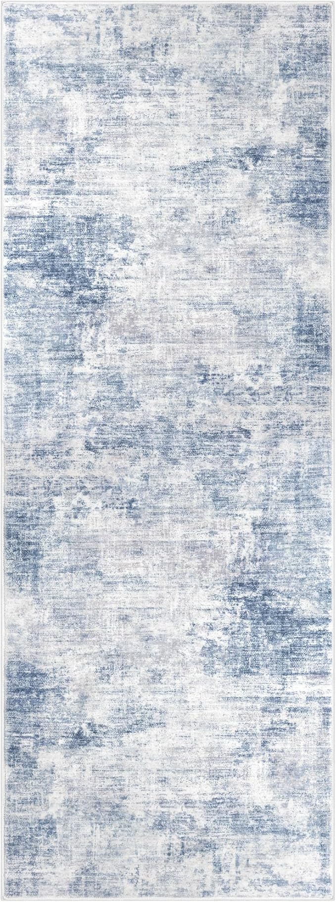 IOHOUZE Abstract Runner Rug 3x8 Ft Washable Runners for Hallways, Non Slip Kitchen Runner Printed Faux Wool Entryway Runner Indoor, Modern Abstract Floor Carpet for Hall Bedroom, Light Blue White