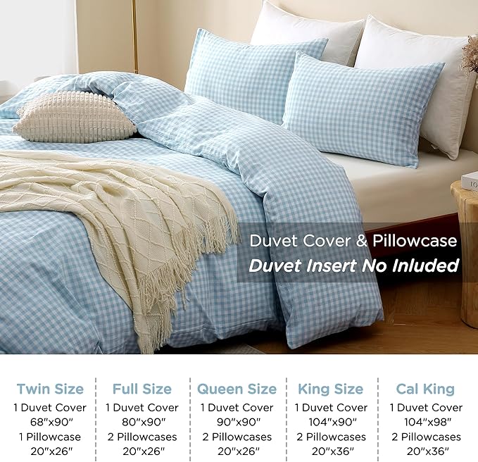 TOCOMOA Light Blue Gingham Duvet Cover Bedding Set 100% Washed Cotton Like Linen Feel Super Soft Comfy 3 Piece Vintage Plaid Checkered Comforter Cover Set (King 104"x90", Comforter Not Included)
