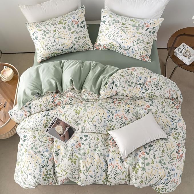 mixinni Sage Green Duvet Cover Set Queen-Exquisite Floral Queen Size Comforter Set for All Seasons, 3 Pieces, 1 Wildflower Plants Duvet Cover (90"x90") and 2 Pillow Cases (20"x26"), Sage Green