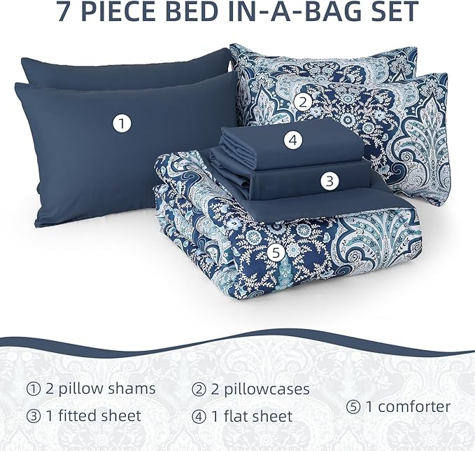 Drucon Paisley Comforter Set Queen Size, 7 Pieces Bed in a Bag Blue Boho Comforter, Soft Lightweight Microfiber Bedding Set (1 Comforter, 1 Flat Sheet, 1 Fitted Sheet, 2 Pillow Shams, 2 Pillowcases)