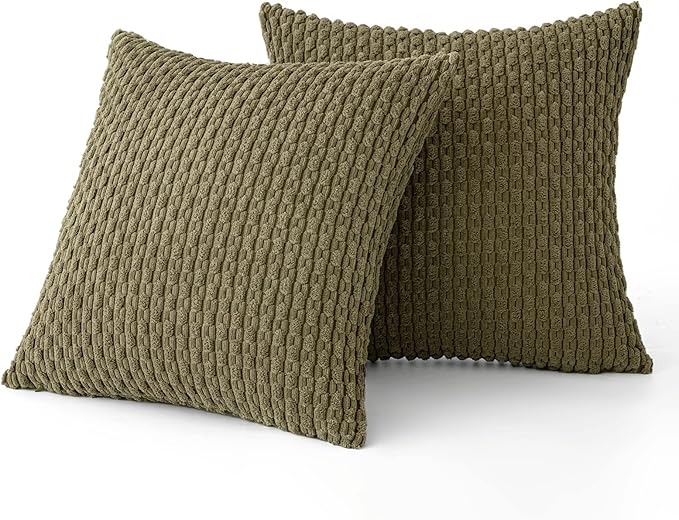 MIULEE Pack of 2 Decorative Throw Pillow Covers 20x20 Inch Soft Boho Striped Textured Corduroy Pillow Covers Modern Farmhouse Home Decor for Couch Bed Sofa Living Room Olive Green