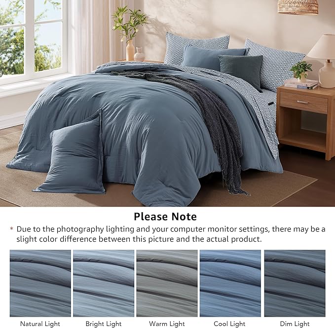 Monbix King Size Comforter Set - 7 Pieces Oxford Blue Prewashed Bed in a Bag King Bedding Sets with Comforters, All Seasons Ultra Soft Comforter Bed Set with Sheets,Pillowcases & Shams