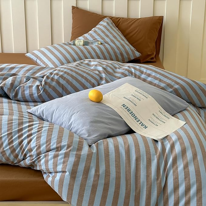 Blue Brown Striped Duvet Cover Set Twin XL, 100% Washed Cotton Vintage Stripes Pattern Printed Bedding Set, 3 Pieces Farmhouse Striped Comforter Cover, Soft Breathable Duvet Cover with Zipper Ties