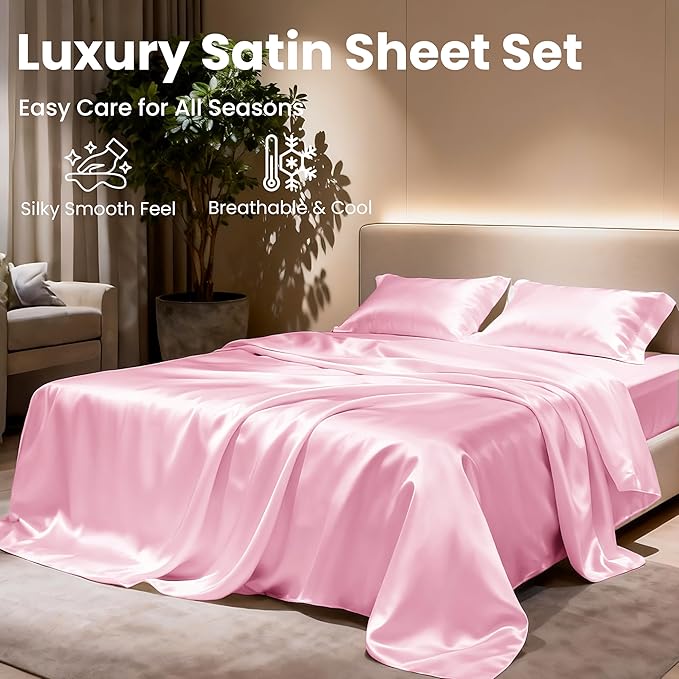 Love's cabin 4Piece California King Satin Bed Linen Set, Pink Silky Satin Sheets, Deep Pocket, Luxury Silk Feel, 1 Flat, 1 Fitted Sheet, 2 Pillow Cases