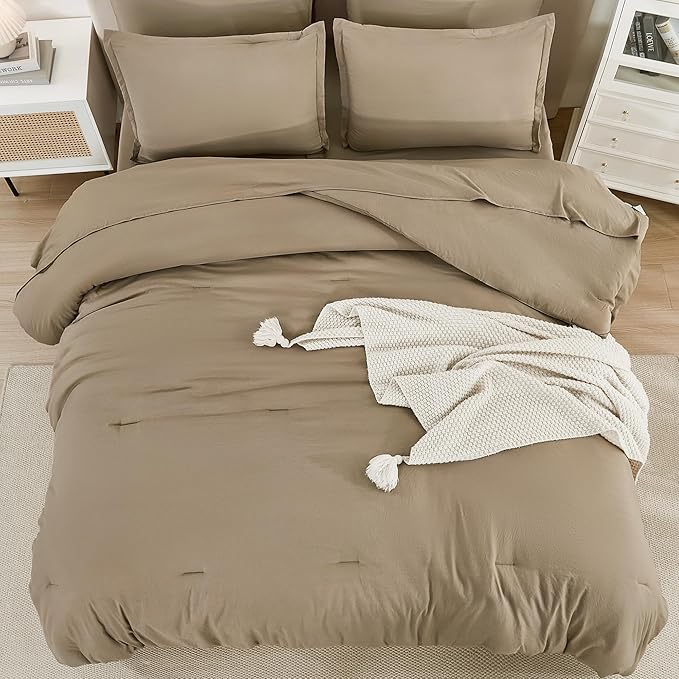 Litanika Queen Comforter Set Taupe - 7 Pieces Bed in a Bag Queen Bedding Comforter Sets, Solid Lightweight Bed Set with Comforter, Sheets, Pillowcases & Shams