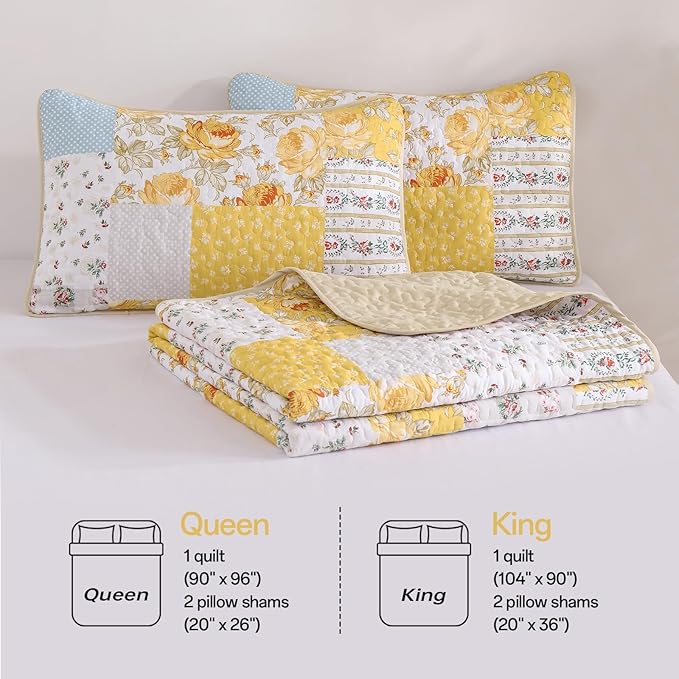Anibedding Yellow Patchwork Quilt Set King Size Boho Floral Plaid Bedspread Coverlet Set, Soft Microfiber Bedding Set Summer Bed Cover, Yellow & Blue Patchwork Farmhouse Bedspread for All Season